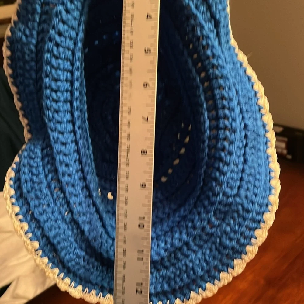 Handmade crochet bucket hat blue with white trim